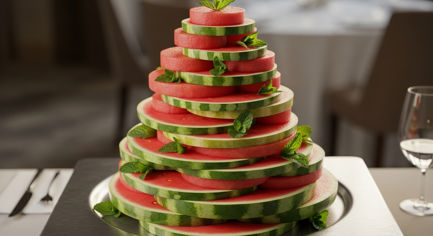 Tháp dưa hấu thanh lịch, xếp từ các lát tròn với lá bạc hà tươi, là ví dụ hoàn hảo về cách cắt tỉa dưa hấu trang trí tinh tế trên khay hiện đại.