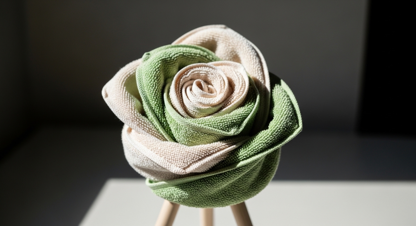 Khăn bông cotton màu xanh dương mềm mại, sợi vải rõ nét trải phẳng trên bàn gỗ sáng, rất lý tưởng để thực hành cách gấp hoa hồng bằng khăn bông.