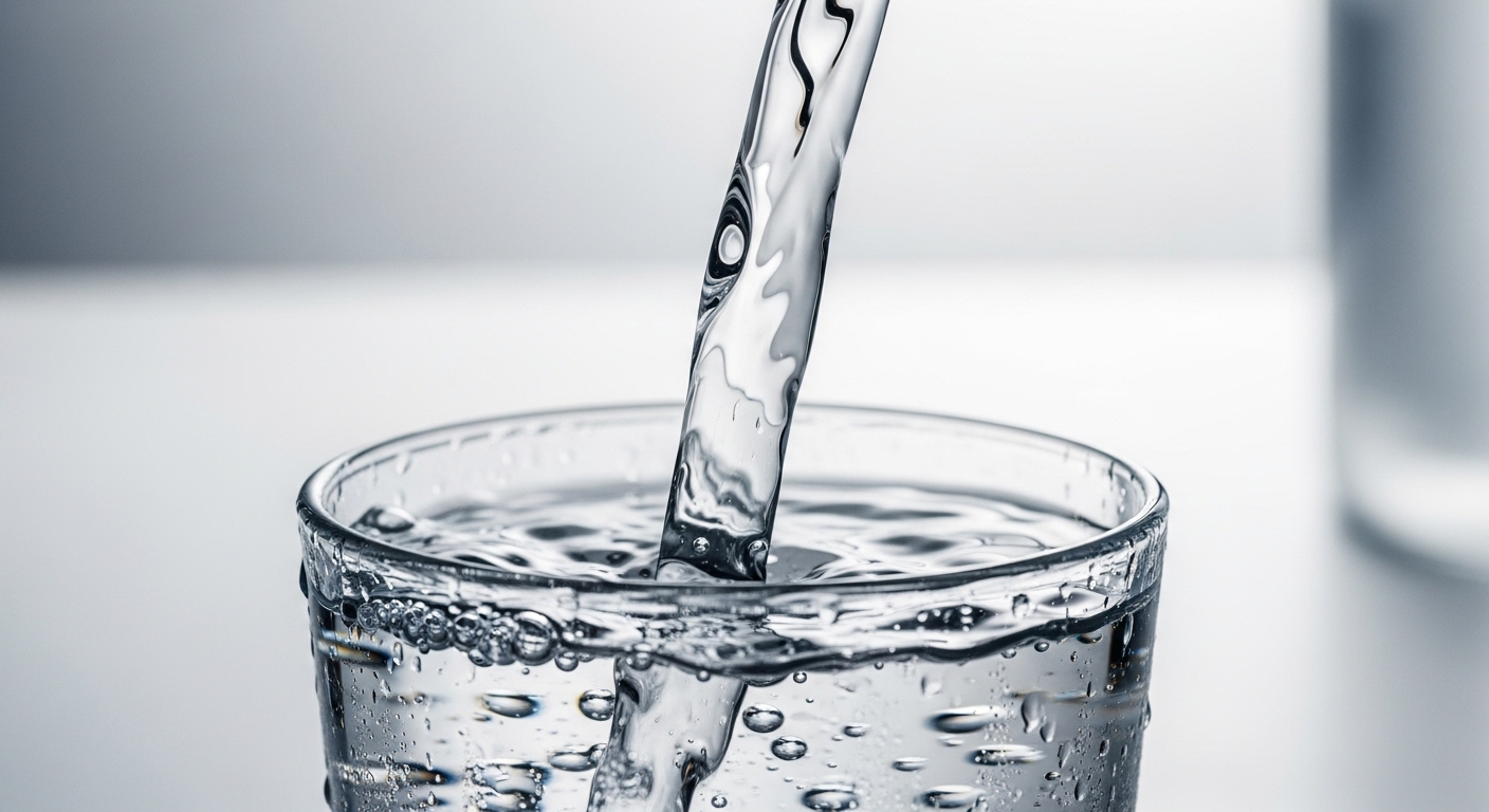 Dòng nước tinh khiết mát lạnh chảy vào cốc, tượng trưng cho việc súc miệng và hydrat hóa quan trọng, giúp duy trì răng miệng sạch sẽ và hạn chế các nguyên nhân răng ngả vàng.