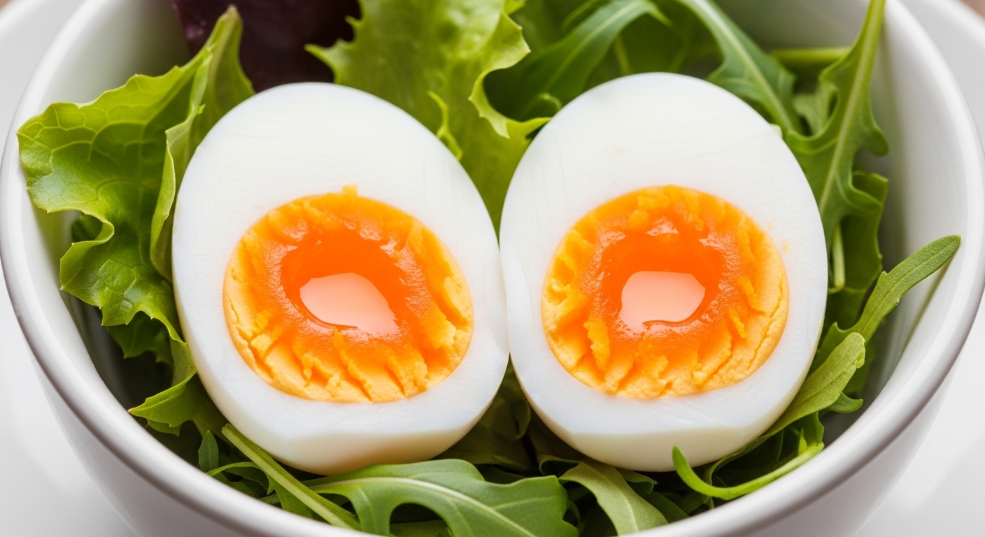 Trứng gà lòng đào hoàn hảo, bổ đôi để lộ lòng đỏ cam vàng sánh mịn và lòng trắng săn chắc, đặt trên rau xanh. Một minh họa tuyệt vời cho cách luộc trứng gà chuẩn vị. Trứng gà lòng đào hoàn hảo, bổ đôi để lộ lòng đỏ cam vàng sánh mịn và lòng trắng săn chắc, đặt trên rau xanh. Một minh họa tuyệt vời cho cách luộc trứng gà chuẩn vị.