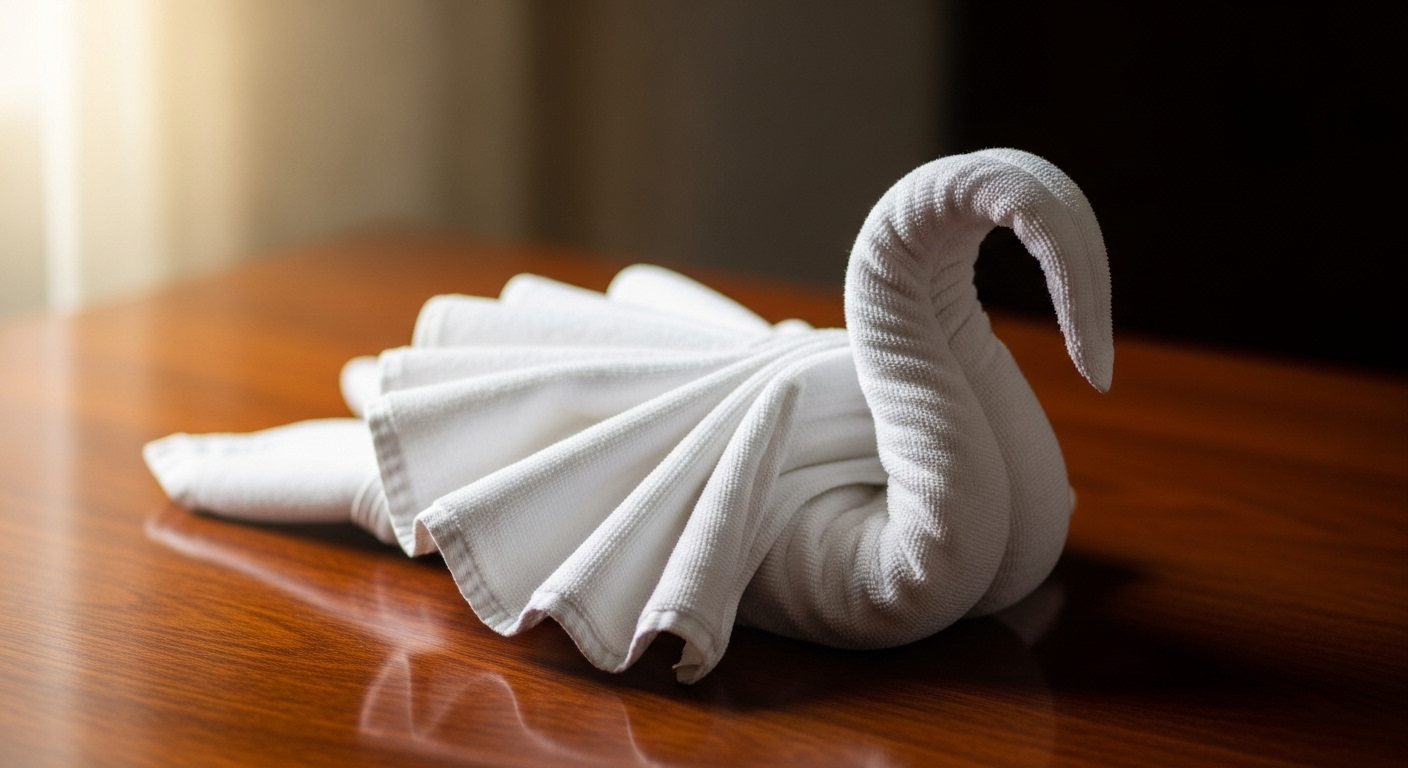 Thiên nga khăn bông trắng gấp tinh xảo trên bàn gỗ tối, minh họa nghệ thuật xếp khăn. Tương tự cách gấp con voi từ khăn bông, đây là ý tưởng trang trí sang trọng.