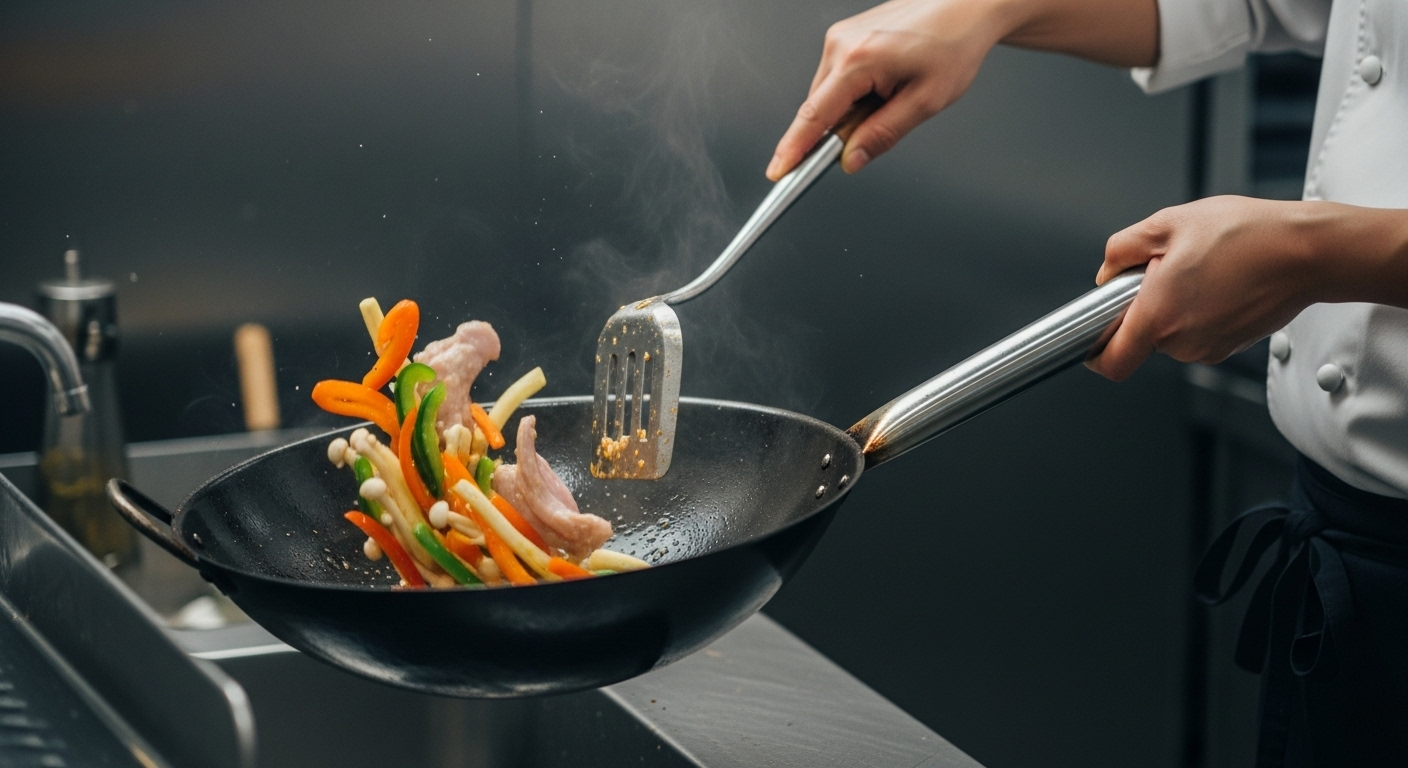 Cận cảnh tay đầu bếp điêu luyện thực hiện kỹ thuật xóc chảo, làm rau củ và thịt đầy màu sắc chuyển động sôi động trong chảo nóng.