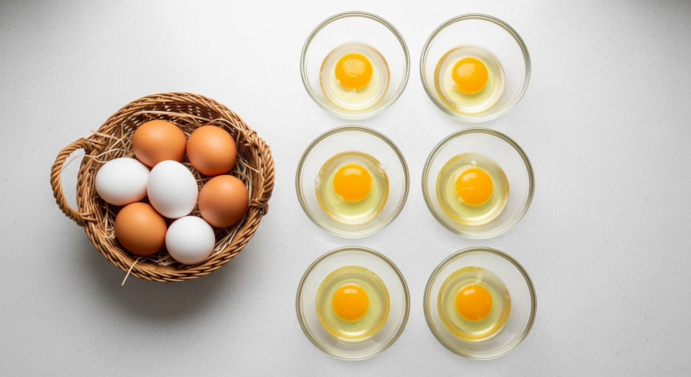 Góc nhìn từ trên cao bàn bếp sạch sẽ, trưng bày các bát trứng đã đập hoàn hảo với lòng trắng, lòng đỏ nguyên vẹn, cạnh rổ trứng chưa đập. Minh chứng cho sự khéo léo và hiệu quả của cách đập trứng bằng một tay.