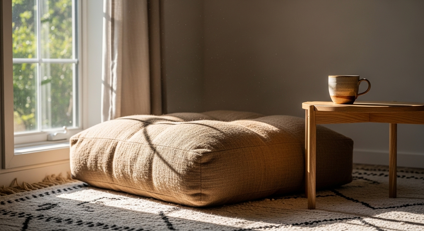 Góc phòng thư thái với thảm sợi tự nhiên, đệm sàn êm ái và tách trà gốm trên bàn gỗ tối giản dưới ánh sáng ban mai, gợi ý những mẹo vặt hữu ích để tạo không gian bình yên.