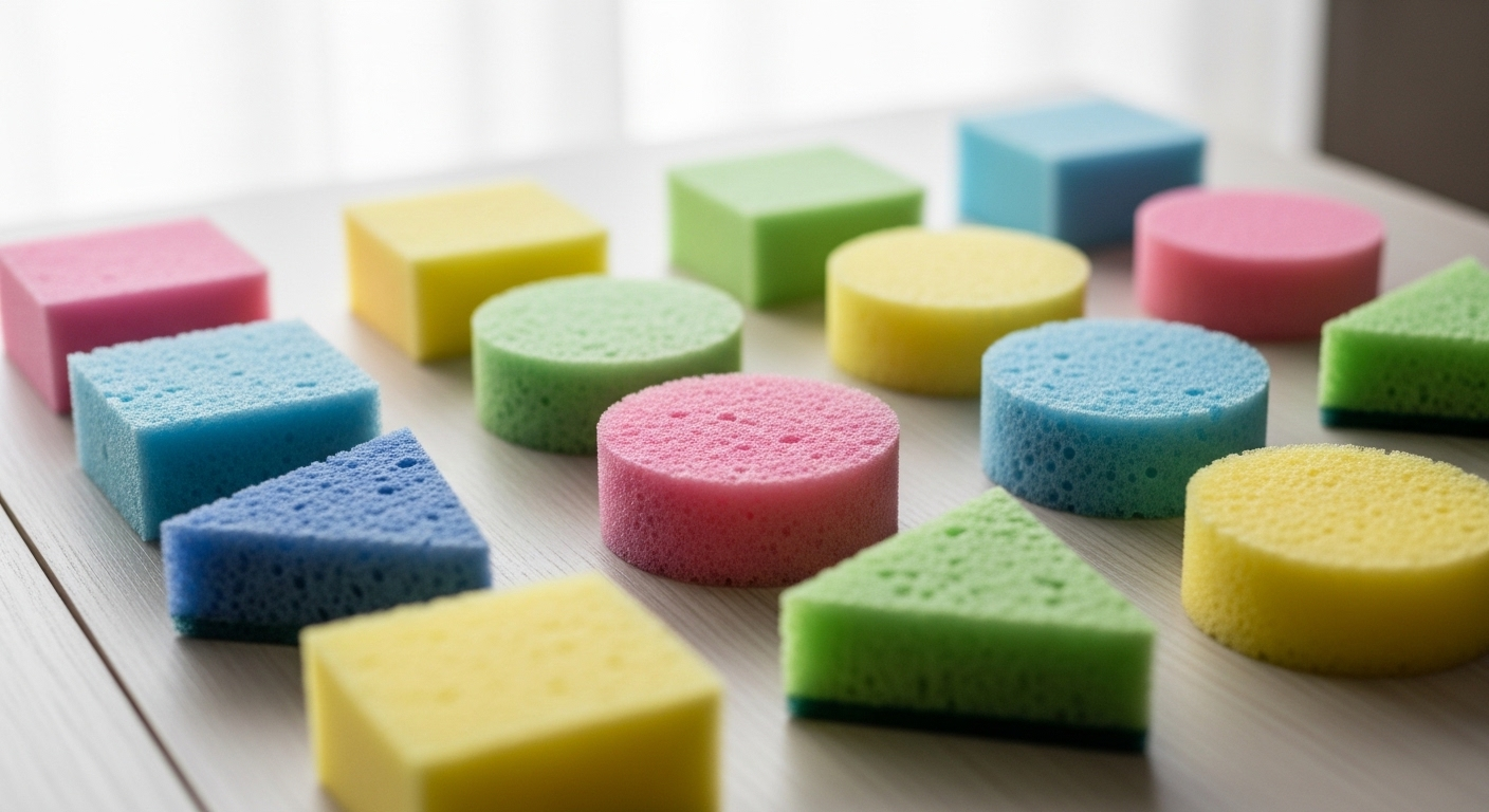 Miếng xốp xanh vàng dùng mặt nhám cọ rửa vòi nước mạ chrome sáng bóng, với giọt nước long lanh, trong không gian bếp hiện đại.