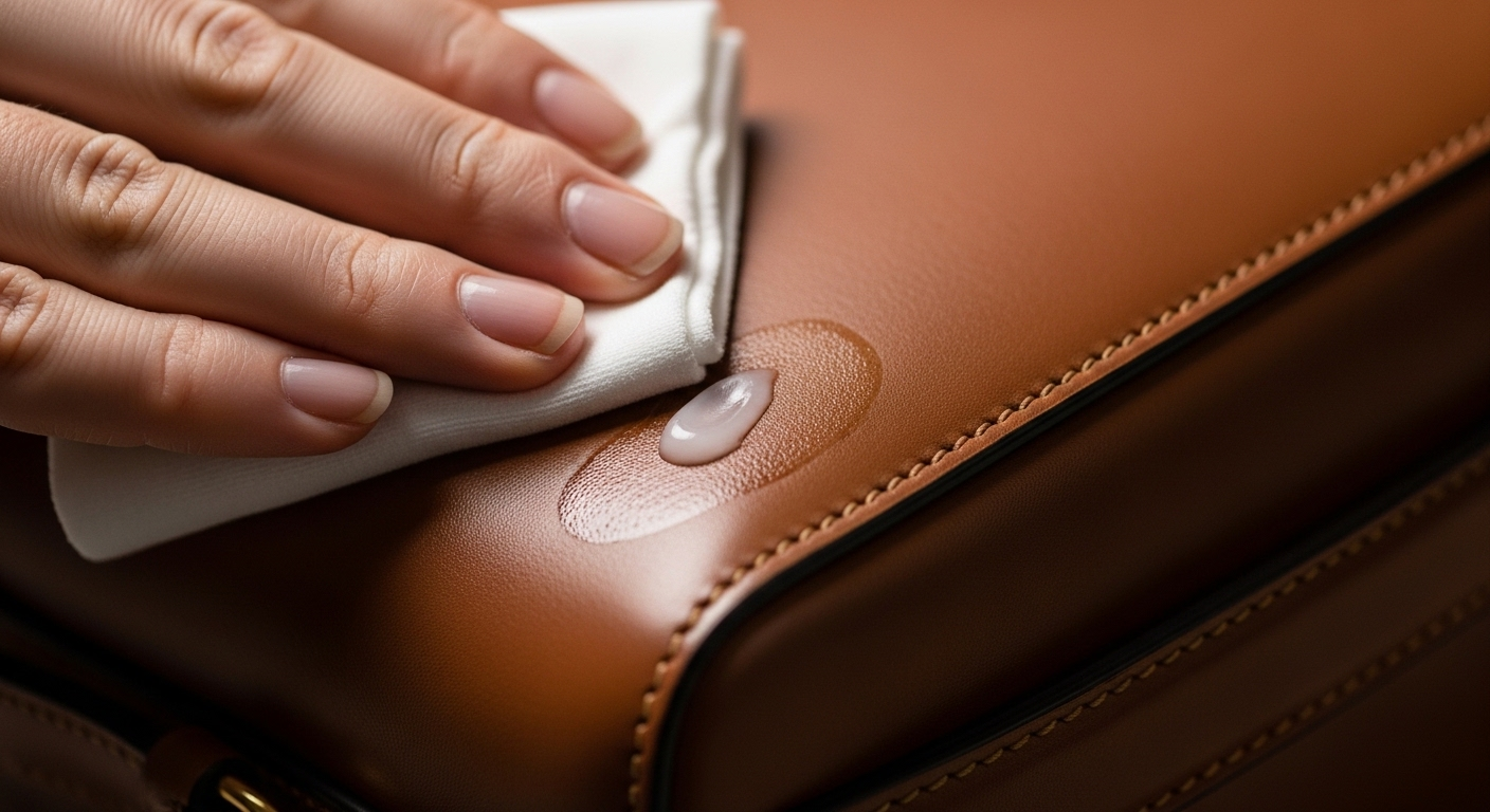 Bàn tay đang thoa kem dưỡng chuyên dụng bằng khăn mềm lên túi da, minh họa cách bảo quản túi hàng hiệu để giữ độ bền và vẻ đẹp.
