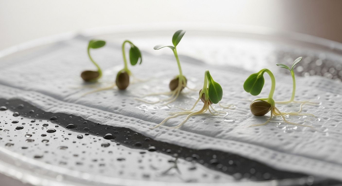 Mầm xanh nảy mầm từ hạt trên băng vệ sinh trắng ẩm, minh họa công dụng của băng vệ sinh trong việc giữ ẩm và hỗ trợ sự sống.
