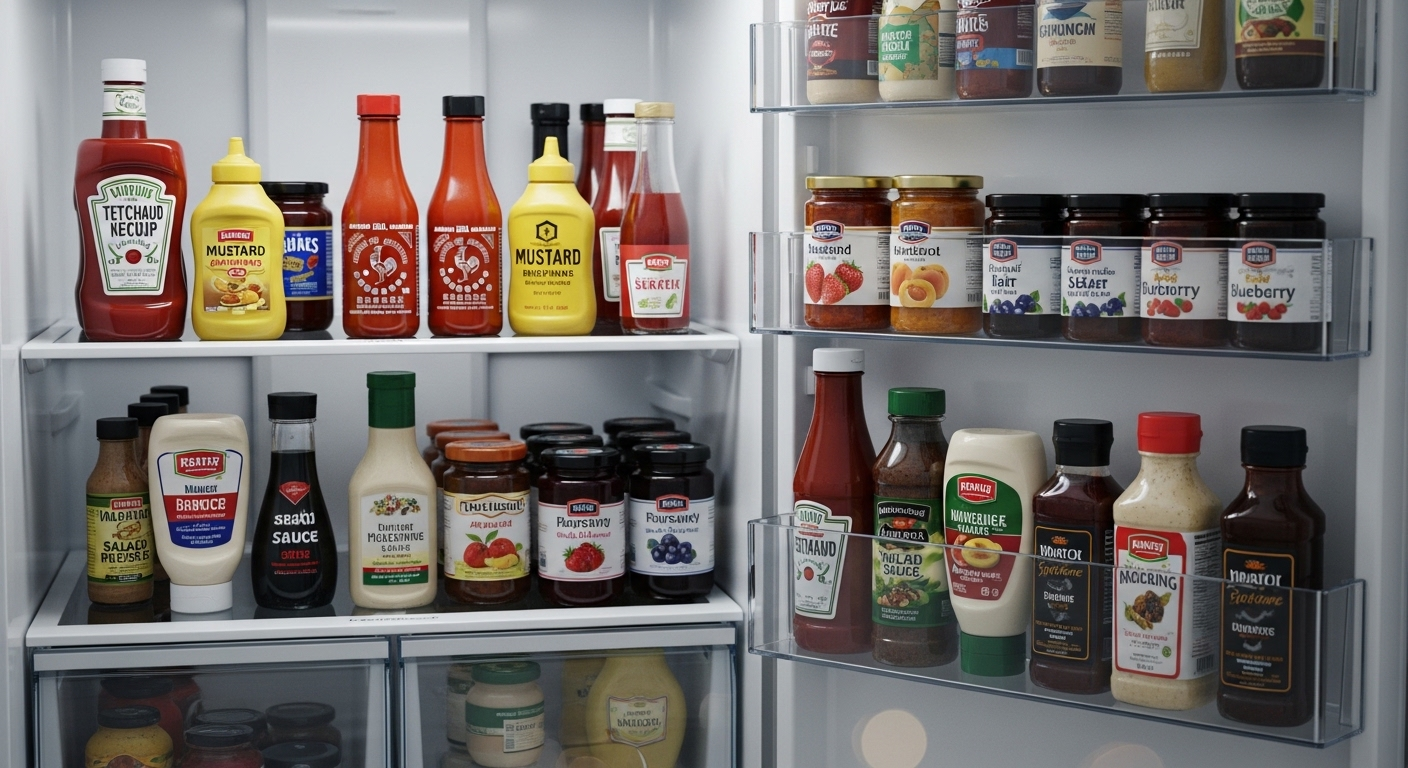 Ngăn đông tủ lạnh ngăn nắp với các gói thịt cá hút chân không dán nhãn được xếp gọn gàng, minh họa cách sắp xếp thực phẩm trong tủ lạnh hiệu quả.