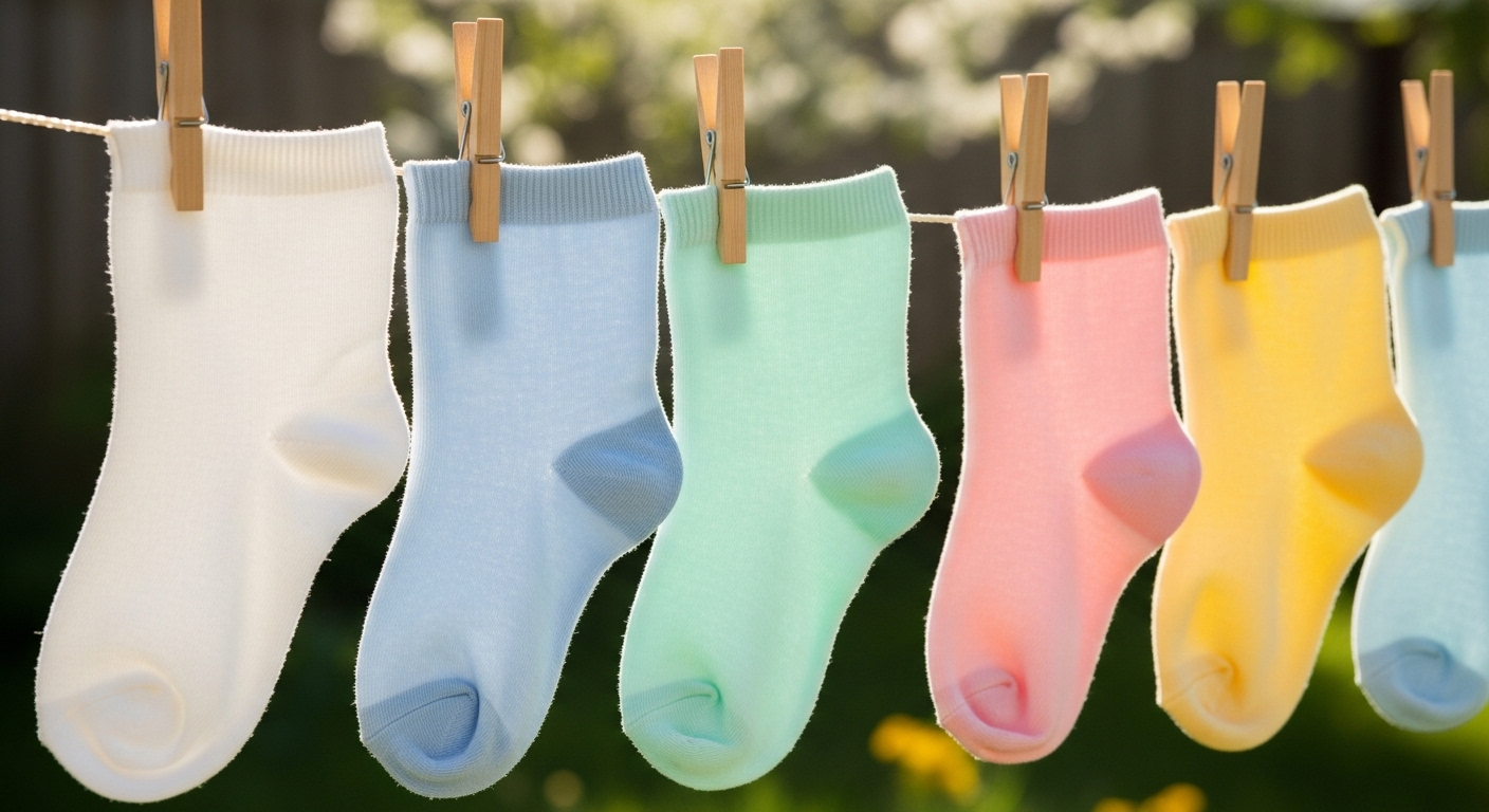 Những đôi tất trắng và màu pastel mới giặt sạch, phơi khô trên dây dưới nắng sớm, cho thấy hiệu quả của việc giặt tất hết mùi hôi.