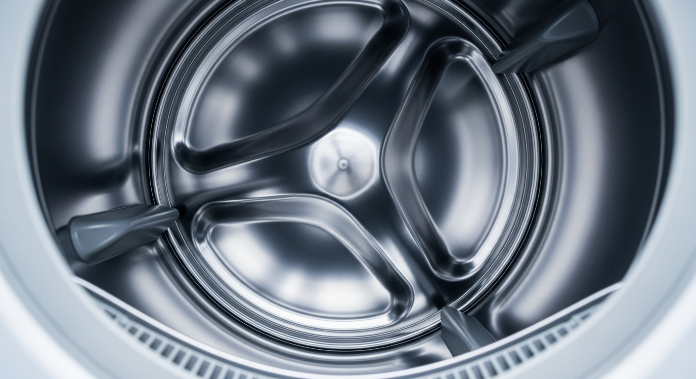 Lồng máy sấy quần áo hiện đại sạch bóng, không bụi bẩn. Minh họa cách vệ sinh máy sấy quần áo hiệu quả.