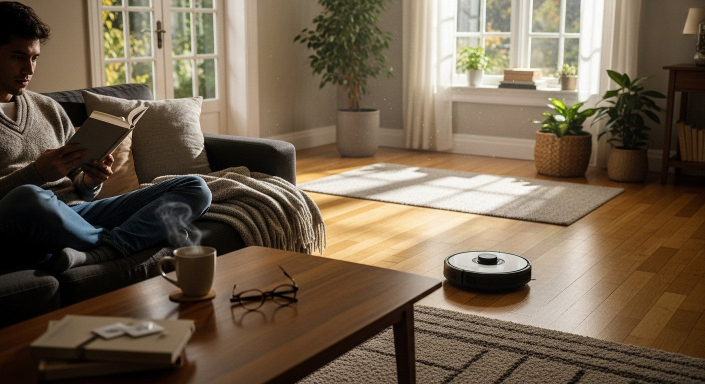 Người thư giãn đọc sách trên sofa trong khi robot hút bụi tự động dọn dẹp sàn nhà sáng sủa, thể hiện sự tiện lợi tối đa từ việc biết cách sử dụng robot hút bụi hiệu quả. Người thư giãn đọc sách trên sofa trong khi robot hút bụi tự động dọn dẹp sàn nhà sáng sủa, thể hiện sự tiện lợi tối đa từ việc biết cách sử dụng robot hút bụi hiệu quả.