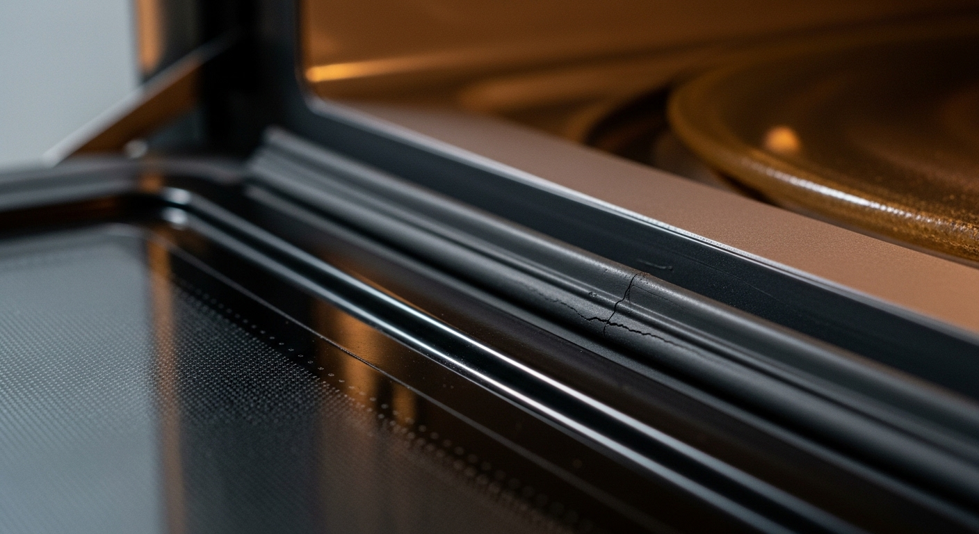 Cận cảnh gioăng cao su cửa lò vi sóng bị nứt, xuống cấp – dấu hiệu cho biết khi nào nên thay lò vi sóng.