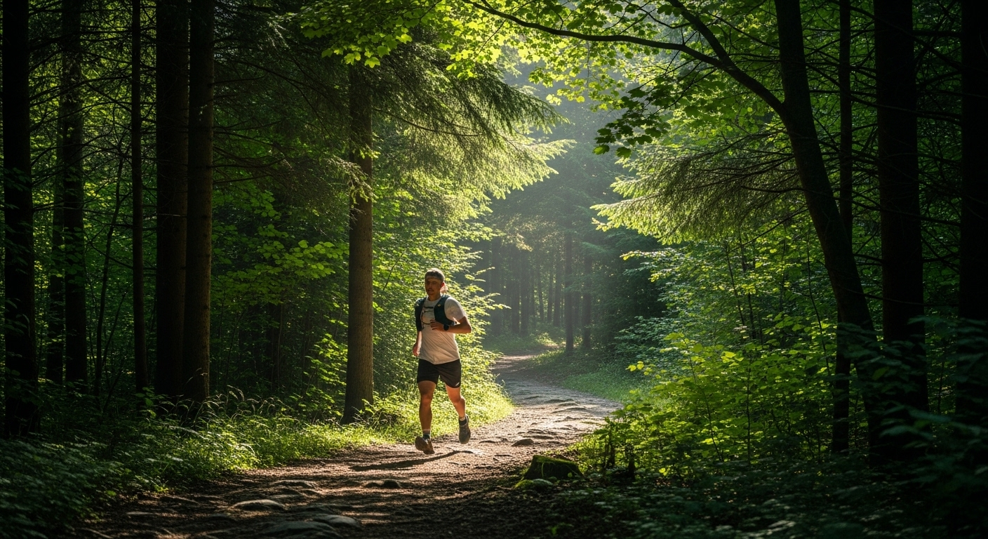 Một người mặc đồ thể thao đi bộ nhanh trên đường rừng xanh mướt, ánh nắng xuyên tán cây. Hoạt động ngoài trời tràn đầy năng lượng giúp tăng cường sức khỏe.