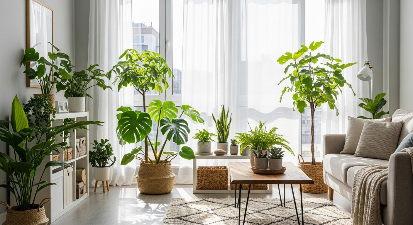 Phòng khách hiện đại ngập tràn ánh sáng tự nhiên và cây xanh, một không gian lý tưởng nuôi dưỡng thói quen tốt cho sức khỏe.