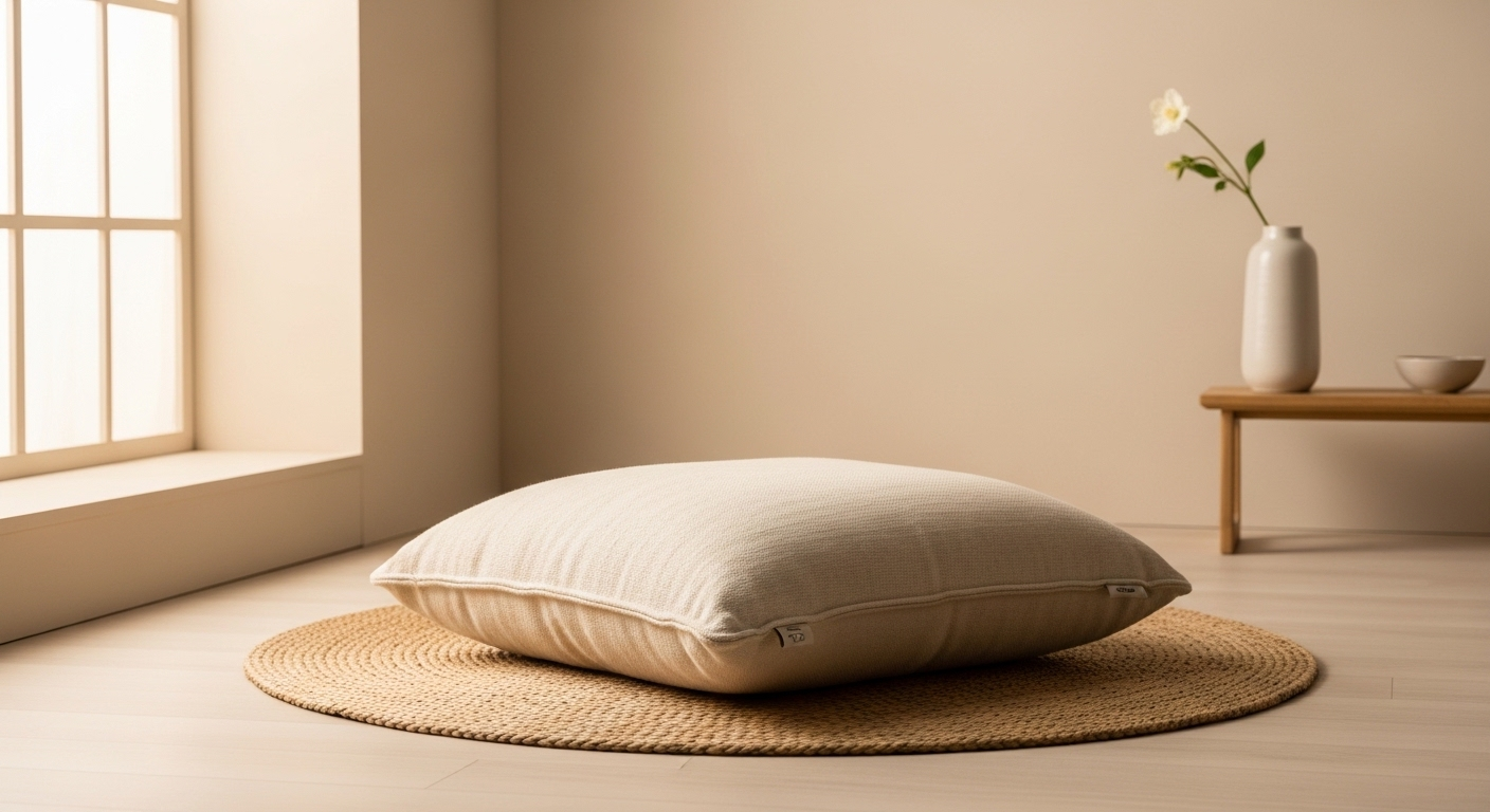 Không gian tĩnh tại, tối giản với đệm ngồi êm ái trên thảm sợi tự nhiên và ánh sáng dịu nhẹ, lý tưởng cho Cách tự chăm sóc giữ gìn sức khỏe mỗi ngày.