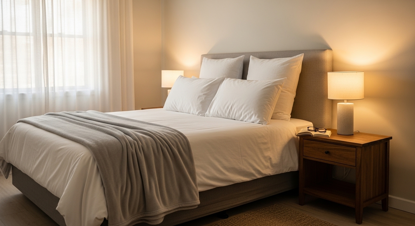 Phòng ngủ ấm cúng, thanh bình với giường ngủ ngăn nắp, chăn ga trắng tinh khôi và ánh sáng vàng dịu, tạo không gian lý tưởng cho giấc ngủ sâu giúp cải thiện sức khỏe.