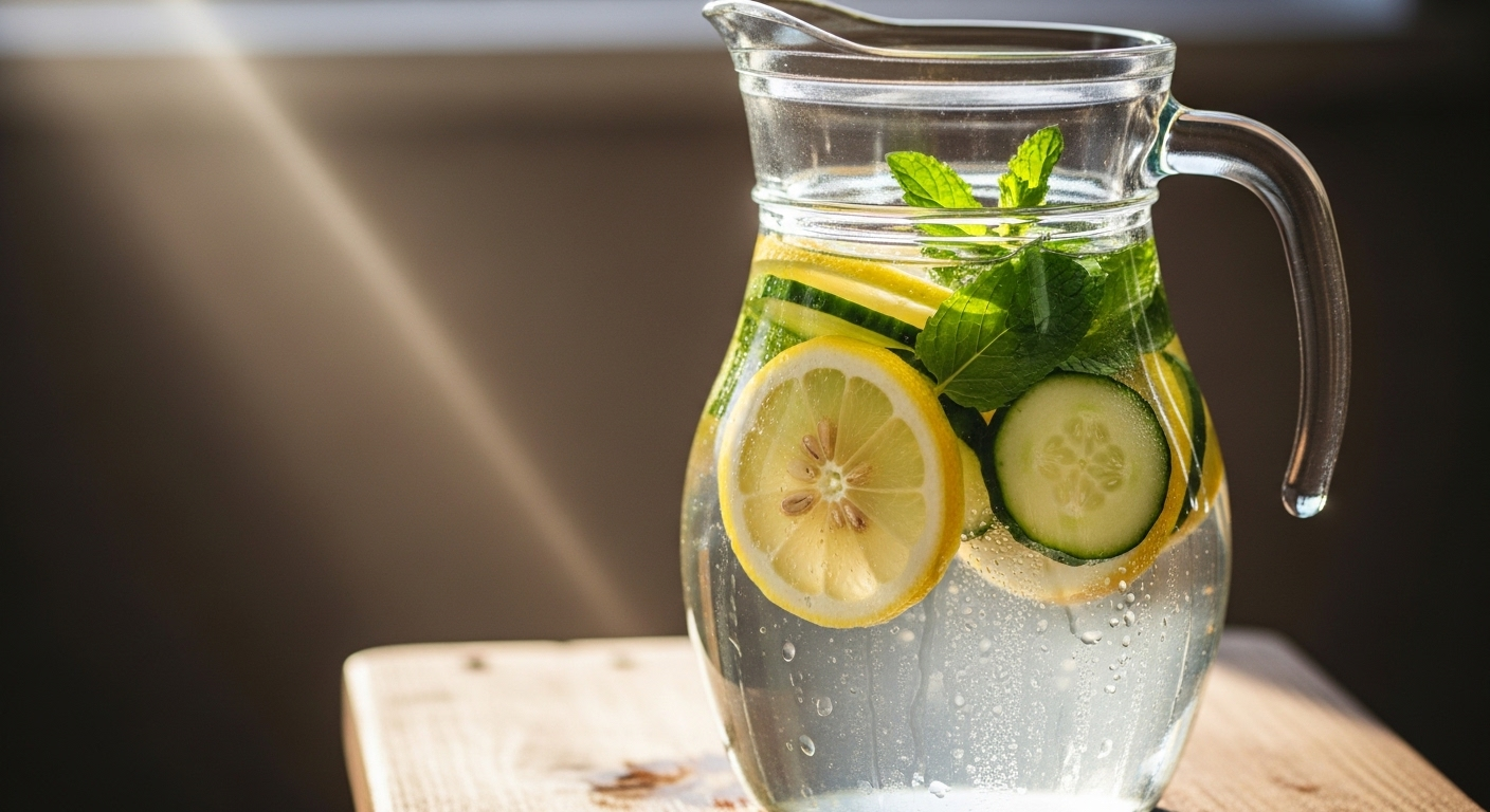 Bình nước detox tươi mát với chanh, dưa chuột, bạc hà, hỗ trợ chăm sóc sức khỏe toàn diện. Bình nước detox tươi mát với chanh, dưa chuột, bạc hà, hỗ trợ chăm sóc sức khỏe toàn diện.