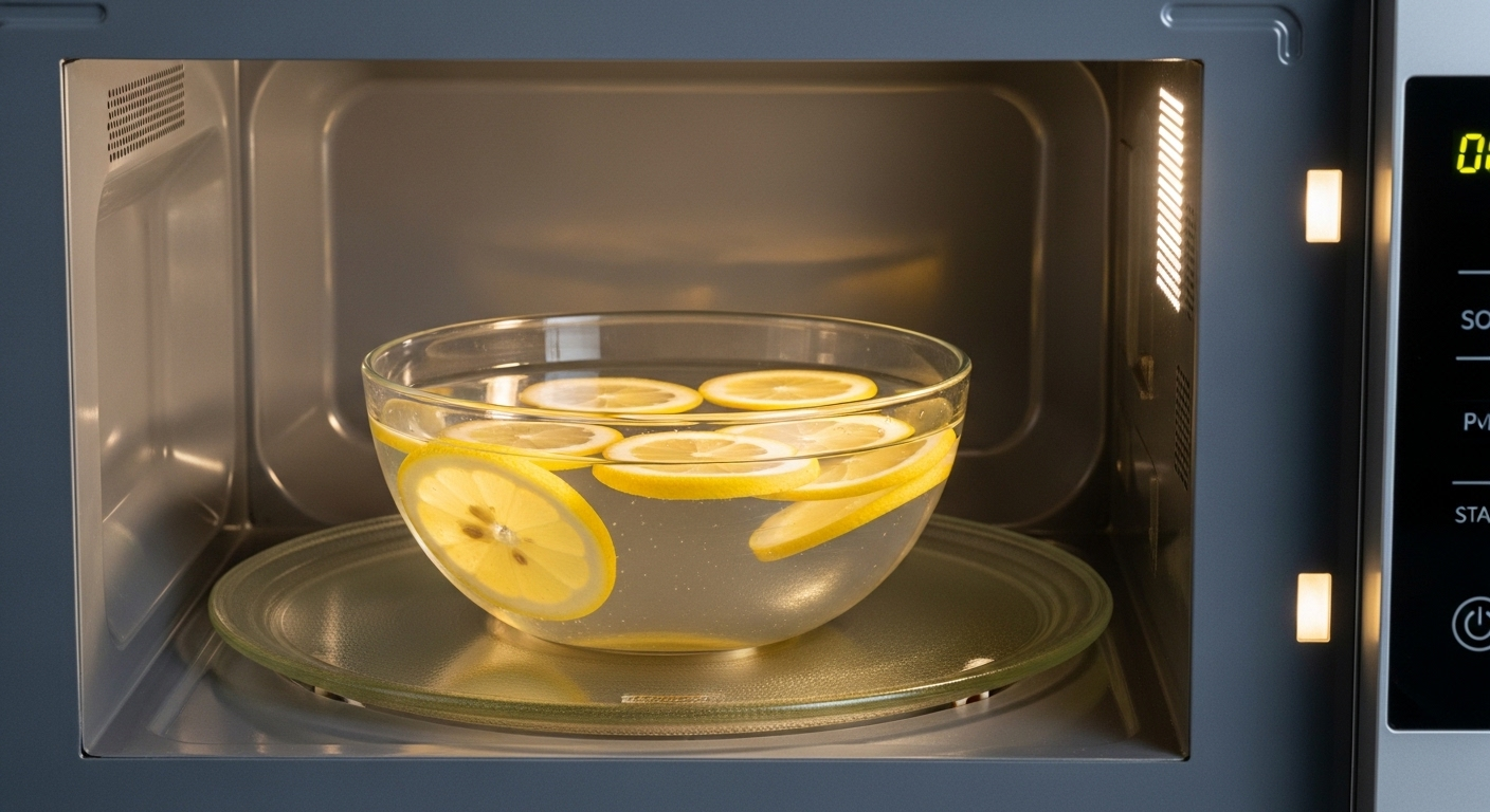 Bên trong lò vi sóng hiện đại, sạch sẽ với bát nước và lát chanh vàng trên đĩa quay, minh họa mẹo vặt nhà bếp làm sạch và khử mùi hiệu quả.
