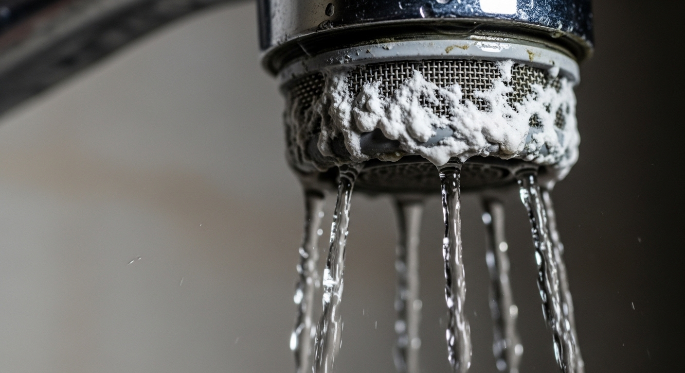 Cận cảnh đầu vòi nước bị tắc nghẽn nghiêm trọng bởi cặn canxi trắng, khiến nước chảy yếu và không đều. Tìm hiểu cách tẩy cặn canxi trên vòi nước hiệu quả.
