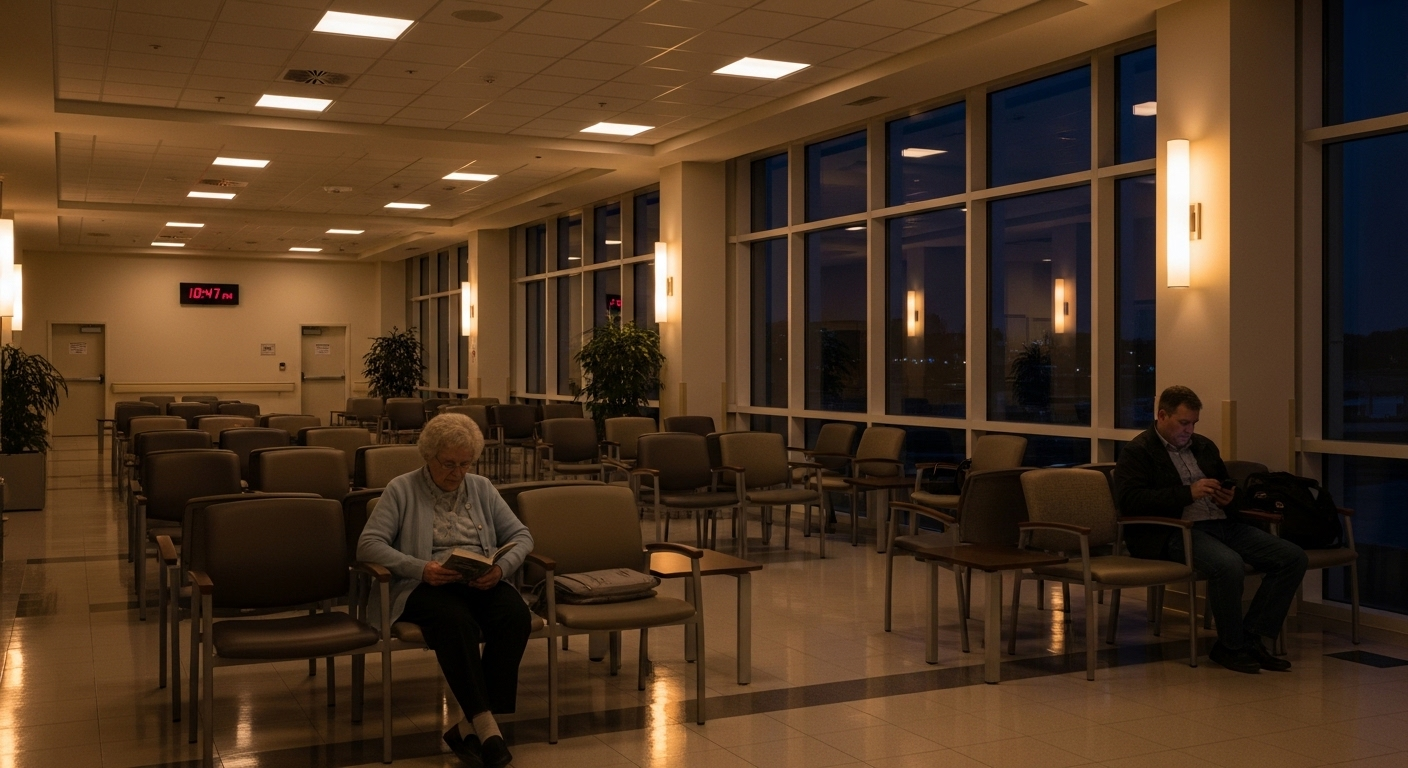 Phòng chờ Bệnh viện Bạch Mai rộng rãi, thanh bình vào tối muộn, ánh sáng ấm dịu, vắng người. Tạo không gian lý tưởng cho khám nhanh tại Bệnh viện Bạch Mai.