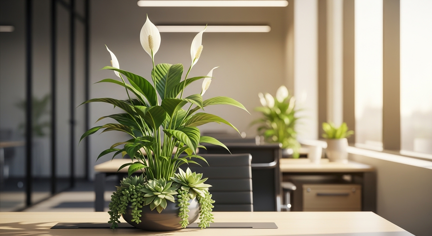 Cận cảnh kính lọc ánh sáng xanh thời trang đặt trên bàn phím, phía trước màn hình máy tính có hình nền thiên nhiên dịu mắt. Đây là giải pháp hữu ích để bảo vệ sức khỏe dân văn phòng.