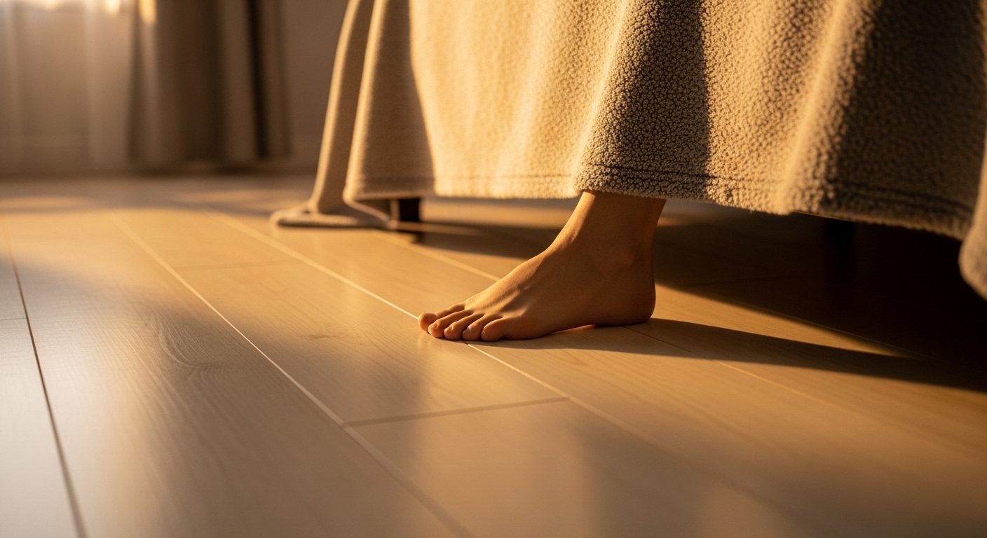 Chân trần đặt nhẹ trên sàn gỗ sáng từ dưới chăn ấm cạnh giường, gợi ý mẹo sức khoẻ khởi đầu ngày mới.