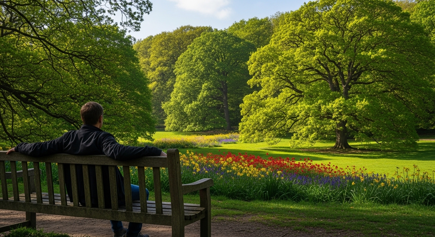 Người ngồi ghế gỗ ngắm cảnh công viên xanh mướt, hoa nở rộ – một mẹo tăng cường sức khỏe hiệu quả qua việc hòa mình vào thiên nhiên.