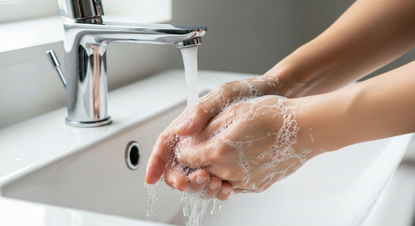 Cận cảnh rửa tay bằng xà phòng dưới vòi nước chảy, nhấn mạnh tầm quan trọng của vệ sinh cá nhân, đặc biệt là vệ sinh kinh nguyệt.