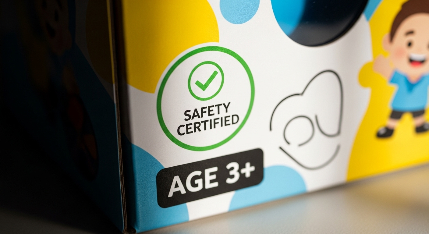 Cận cảnh bao bì đồ chơi, làm nổi bật biểu tượng chứng nhận an toàn và thông tin khuyến nghị độ tuổi rõ nét. Hình ảnh nhấn mạnh các cảnh báo quan trọng, bao gồm nguy cơ Trẻ nuốt nam châm.