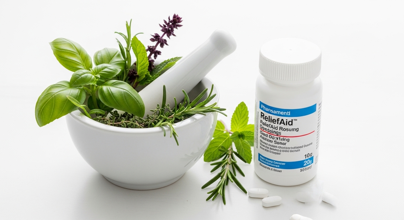 Cối chày thảo mộc xanh tươi và lọ thuốc tây hiện đại đặt cạnh nhau, biểu trưng cho y học truyền thống và hiện đại. Hình ảnh minh họa này hữu ích khi tìm hiểu về các lựa chọn điều trị và tác hại thuốc xương khớp gia truyền cần cân nhắc.