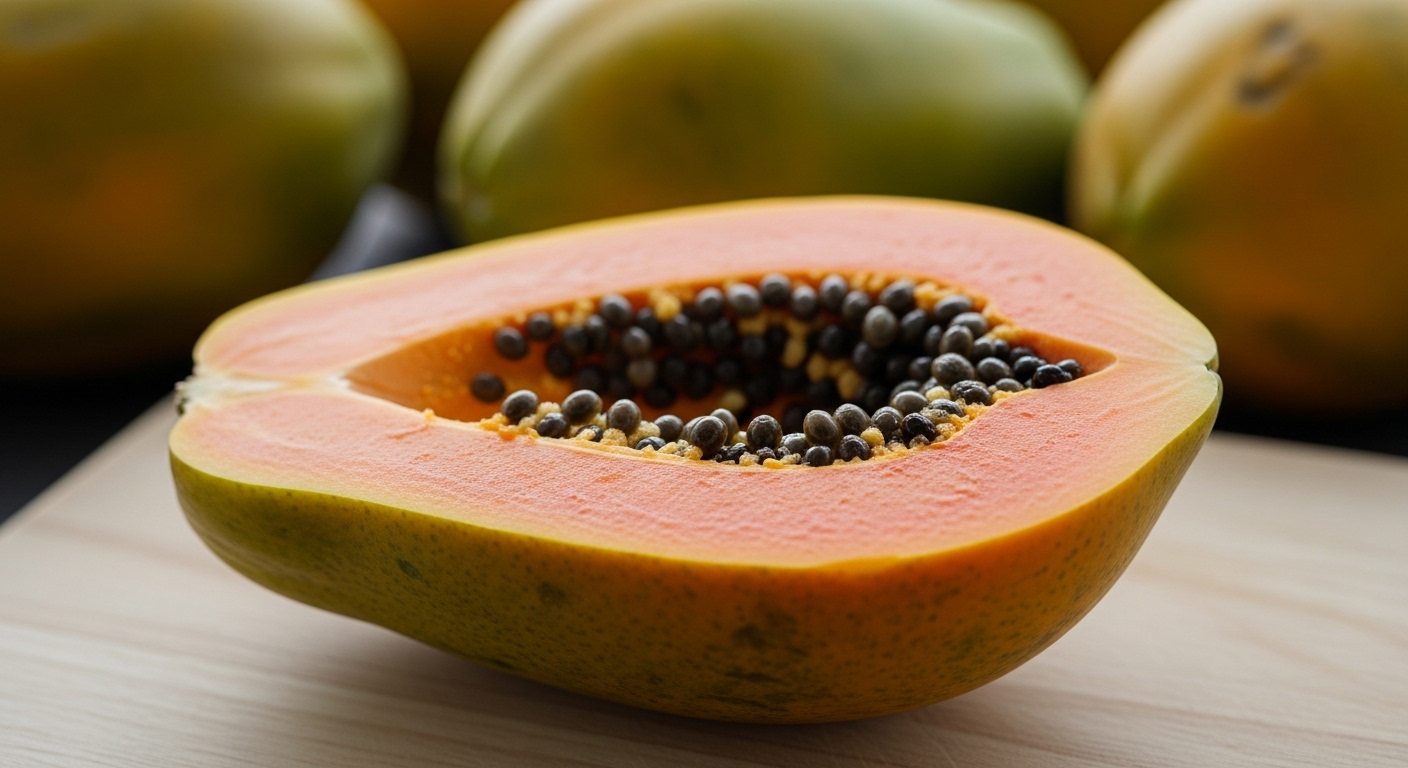 Đu đủ chín bổ đôi, thực phẩm giàu vitamin A, với thịt cam rực rỡ và hạt đen bóng, đặt trên thớt gỗ.