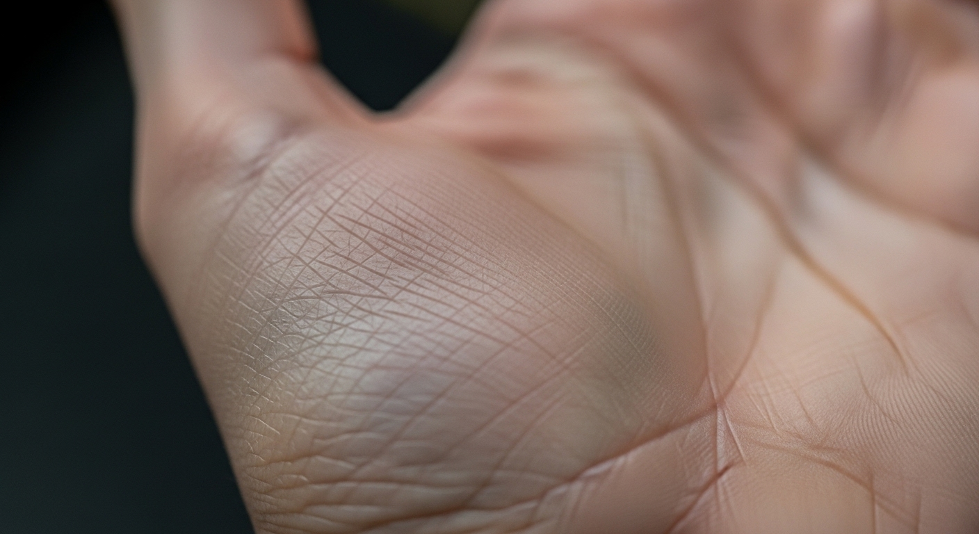 Ảnh cận cảnh bàn tay cho thấy vùng cơ mô cái bị teo nhẹ, một dấu hiệu nhận biết của hội chứng ống cổ tay.