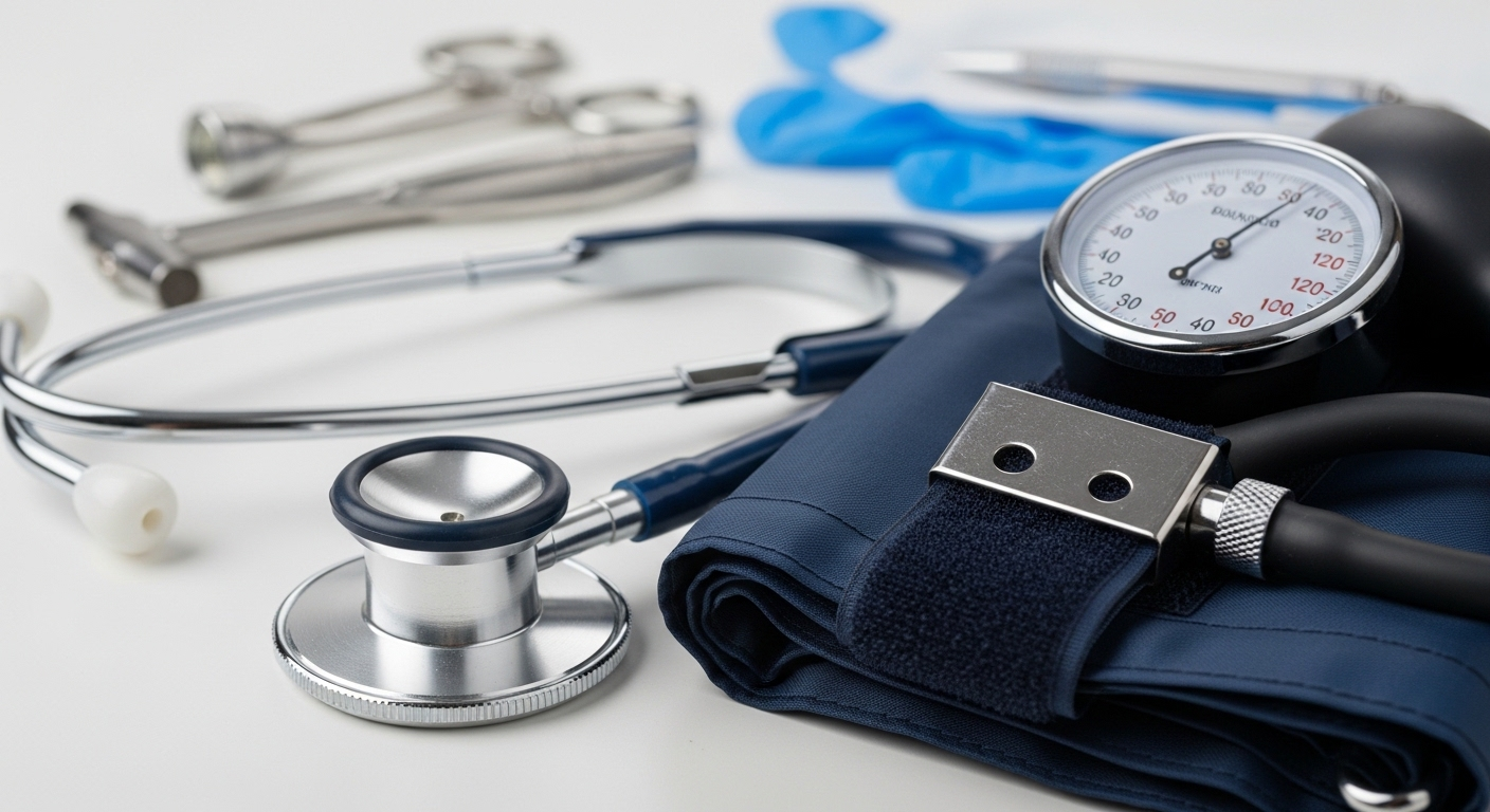 Ống nghe và huyết áp kế sạch sẽ trên bàn khám, sẵn sàng cho buổi khám sức khỏe định kỳ miễn phí. Ống nghe và huyết áp kế sạch sẽ trên bàn khám, sẵn sàng cho buổi khám sức khỏe định kỳ miễn phí.