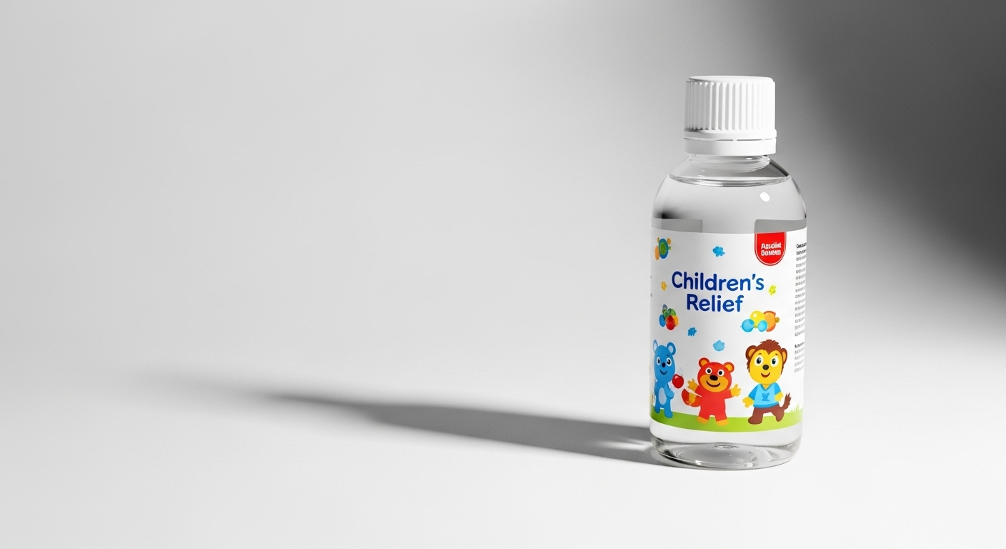Chai thuốc hạ sốt trẻ em dạng lỏng, nguyên vẹn và sạch sẽ trên nền sáng, đặc biệt trong bối cảnh Mỹ thu hồi thuốc hạ sốt trẻ em.