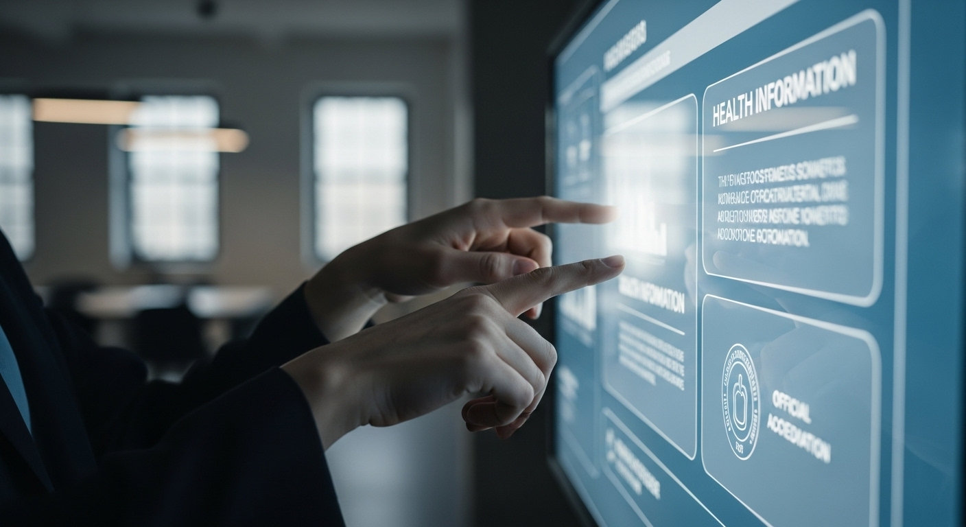 Bàn tay chỉ vào màn hình hiển thị thông tin sức khỏe minh bạch và giấy phép chính thức, giúp người dùng lựa chọn dịch vụ uy tín, tránh khám chữa bệnh chui.