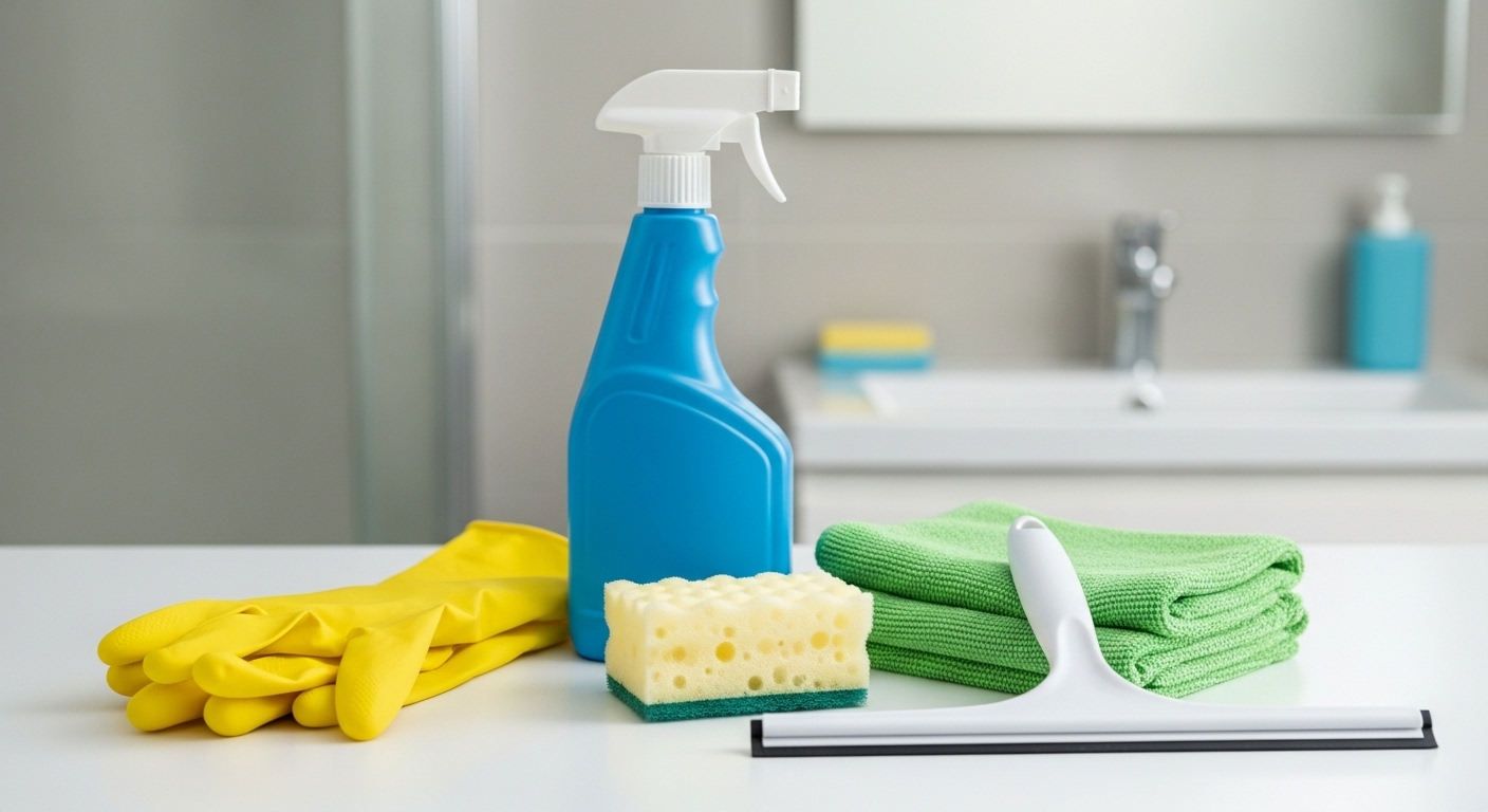 Bộ dụng cụ thiết yếu cho việc vệ sinh bồn tắm và vòi hoa sen, gồm găng tay vàng, bình xịt, bọt biển, khăn microfiber xanh và gạt nước, được sắp xếp gọn gàng trên quầy trắng sạch.