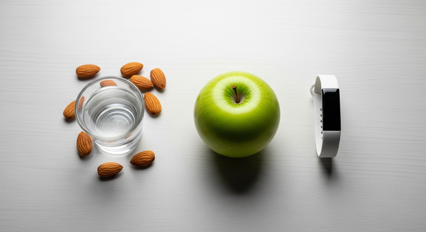 Bố cục phẳng nước lọc, hạnh nhân, táo xanh và đồng hồ theo dõi thể chất, minh họa lối sống lành mạnh giúp bảo vệ trái tim.