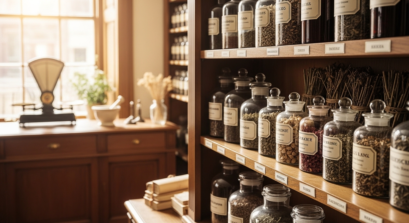 Quầy thuốc đông y chuyên nghiệp, trưng bày ngăn nắp các hũ và gói thảo dược dán nhãn rõ ràng, khẳng định chất lượng thật và giúp người dùng phân biệt với thuốc gia truyền giả.