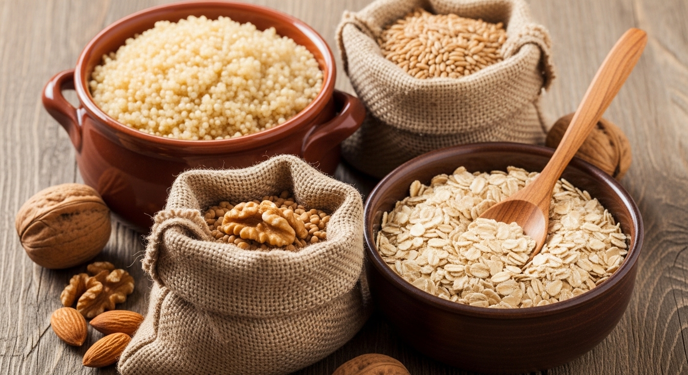 Mâm trái cây tươi, rau xanh và ngũ cốc nguyên hạt đầy màu sắc được bày biện đẹp mắt trên bàn gỗ mộc, gợi ý chế độ ăn uống cân bằng lành mạnh. Một lối sống dinh dưỡng đa dạng như vậy giúp duy trì sức khỏe tổng thể, tránh những vấn đề như ăn nhiều protein hại thận.