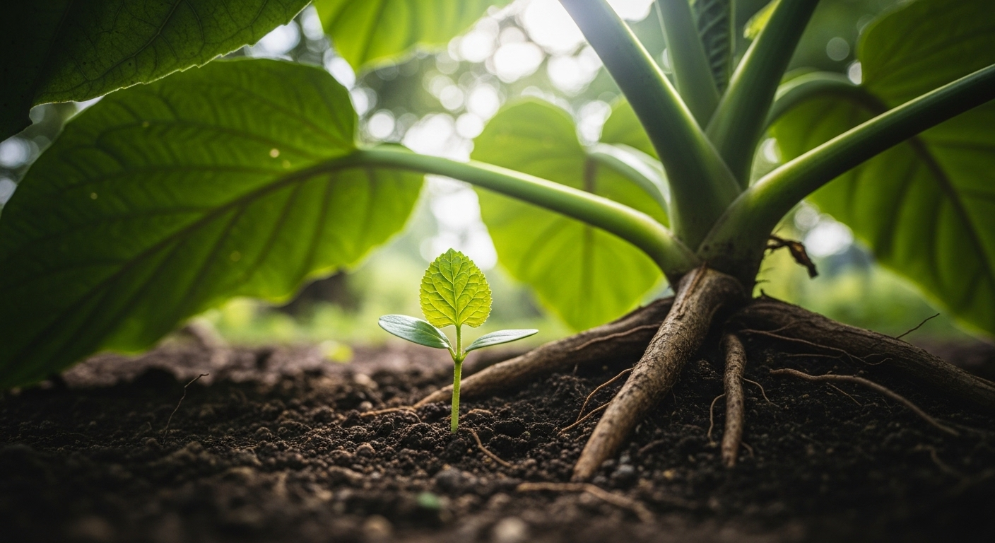 Hạt mầm xanh non được cây lớn che chở dưới nắng, nảy mầm tươi tốt từ đất mẹ màu mỡ. Biểu tượng của sự nuôi dưỡng và phát triển khỏe mạnh, giúp ngăn ngừa Hội chứng lão hóa sớm.