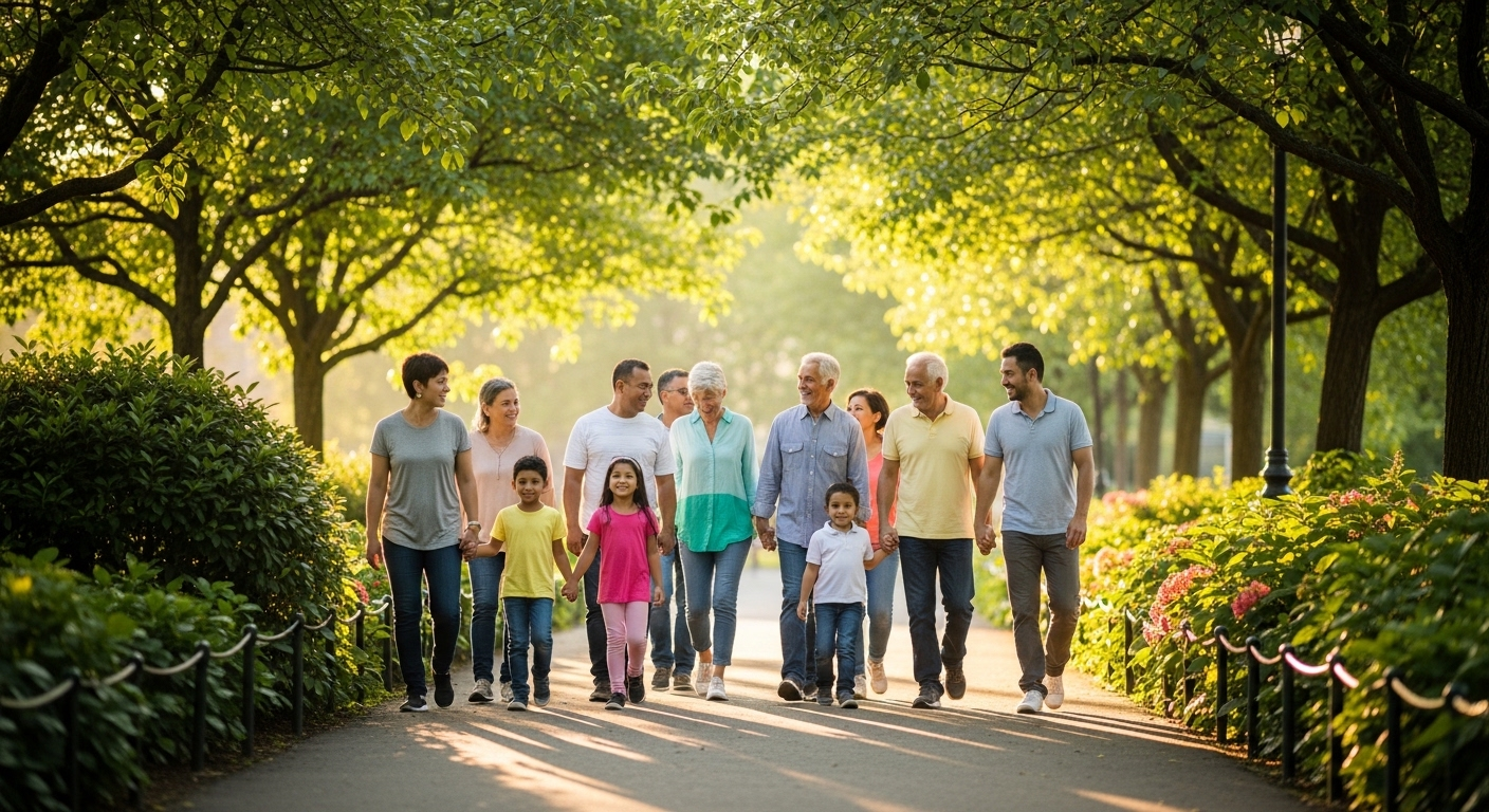Nhóm người đa dạng mỉm cười đi dạo trong công viên xanh tươi, thể hiện sức khỏe và sự gắn kết cộng đồng, đồng thời nhấn mạnh các biện pháp phòng ngừa như tiêm HPV cho nam giới.