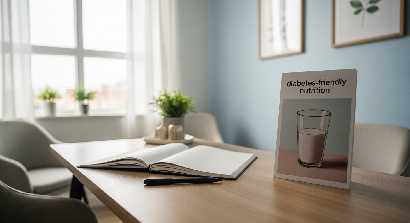 Bàn tư vấn chuyên nghiệp của chuyên gia dinh dưỡng, với sổ tay, bút và tập tài liệu 'dinh dưỡng thân thiện với người tiểu đường' có hình ly sữa. Đây là nguồn hướng dẫn hữu ích, giúp người dùng tìm hiểu sữa bột dành cho người tiểu đường loại nào tốt.