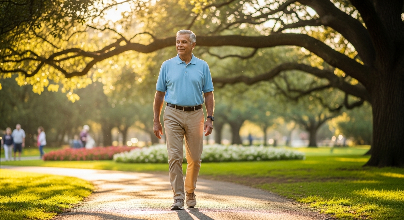 Người đàn ông lớn tuổi khỏe mạnh, rạng rỡ đi dạo trong công viên nắng ấm, thể hiện sức sống dồi dào nhờ chăm sóc sức khỏe tốt, bao gồm cả các phương pháp như cắt u tuyến tiền liệt bằng laser.
