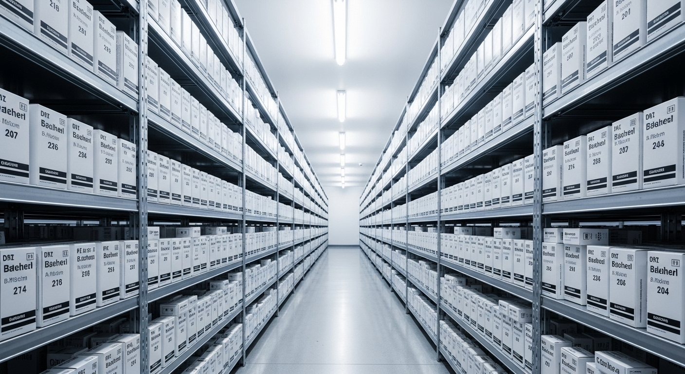 Kho thuốc y tế vô trùng, ngăn nắp với các kệ đầy ắp hộp thuốc được dán nhãn rõ ràng, đảm bảo nguồn cung ổn định để Long Châu không tăng giá thuốc.