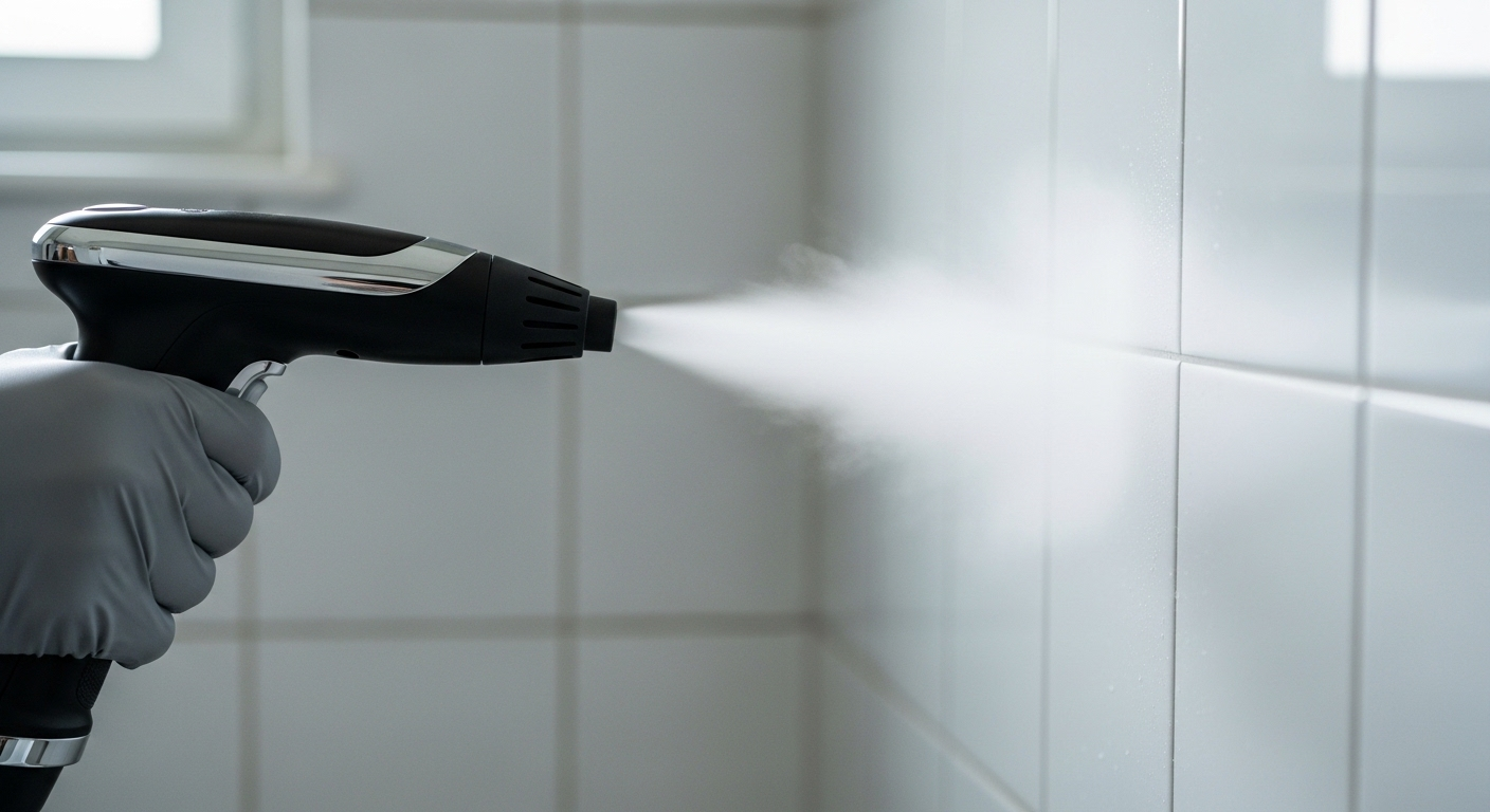 Cận cảnh tay đeo găng sử dụng máy vệ sinh hơi nước hiện đại làm sạch tường gạch phòng tắm sáng bóng. Thiết bị này là giải pháp đa năng, không chỉ cho tường mà còn hiệu quả để tìm cách làm sạch bồn cầu bị ố vàng và duy trì vệ sinh toàn diện. Cận cảnh tay đeo găng sử dụng máy vệ sinh hơi nước hiện đại làm sạch tường gạch phòng tắm sáng bóng. Thiết bị này là giải pháp đa năng, không chỉ cho tường mà còn hiệu quả để tìm cách làm sạch bồn cầu bị ố vàng và duy trì vệ sinh toàn diện.
