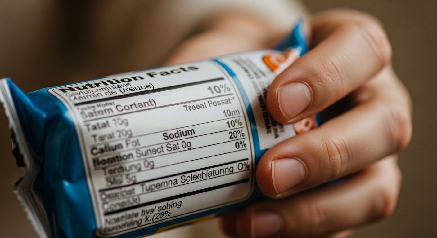 Ảnh cận cảnh tay cầm thực phẩm đóng gói, bảng thông tin dinh dưỡng nổi bật với hàm lượng natri dễ đọc. Giúp người xem kiểm soát việc ăn nhiều muối.