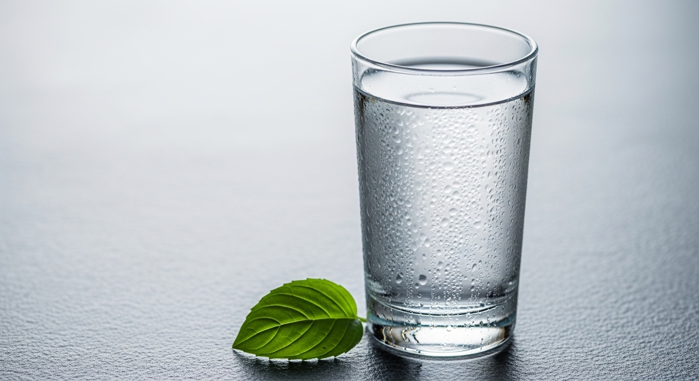 Ly nước tinh khiết mát lạnh đọng sương trên đá xám, cạnh lá xanh. Hình ảnh tượng trưng cho sự thanh lọc cơ thể, thiết yếu cho làn da khỏe mạnh và hiệu quả cùng thực phẩm giảm mụn ẩn.