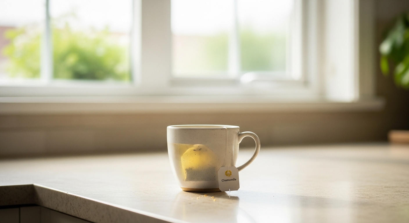 Cốc trà thảo mộc màu nhạt, thẻ trà hiện rõ trên bàn bếp sạch dưới ánh sáng tự nhiên dịu nhẹ từ cửa sổ. Gợi ý thư giãn cho Cách ngủ ngon sau khi uống cà phê.