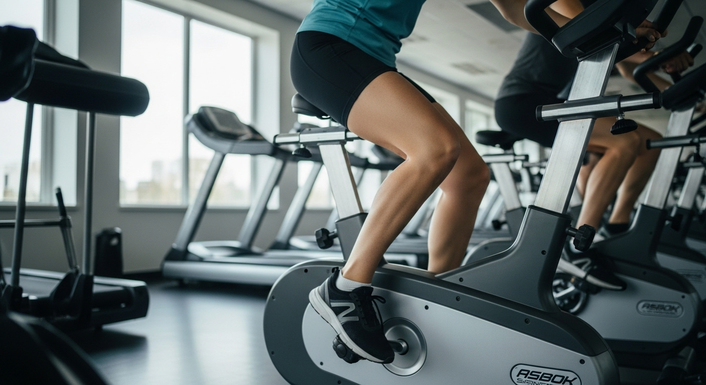 Người tập bài tập tăng cường cơ chân và khớp gối với chuyển động nhẹ nhàng trong phòng gym hiện đại, giúp phục hồi chức năng và phòng ngừa các vấn đề như rách sụn chêm.