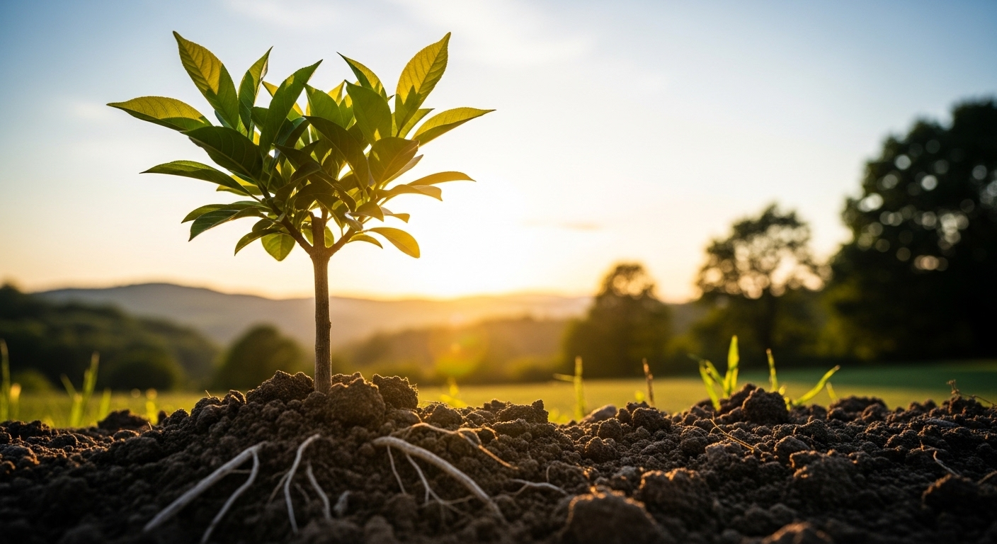 Cây non kiên cường, rễ bám sâu vững chắc vào lòng đất màu mỡ, vươn mình mạnh mẽ dưới bầu trời trong xanh. Hình ảnh tượng trưng cho sức sống và tầm quan trọng của việc quan tâm đến những yếu tố ẩn giấu, như phòng ngừa các biến chứng của xoắn tinh hoàn ẩn.